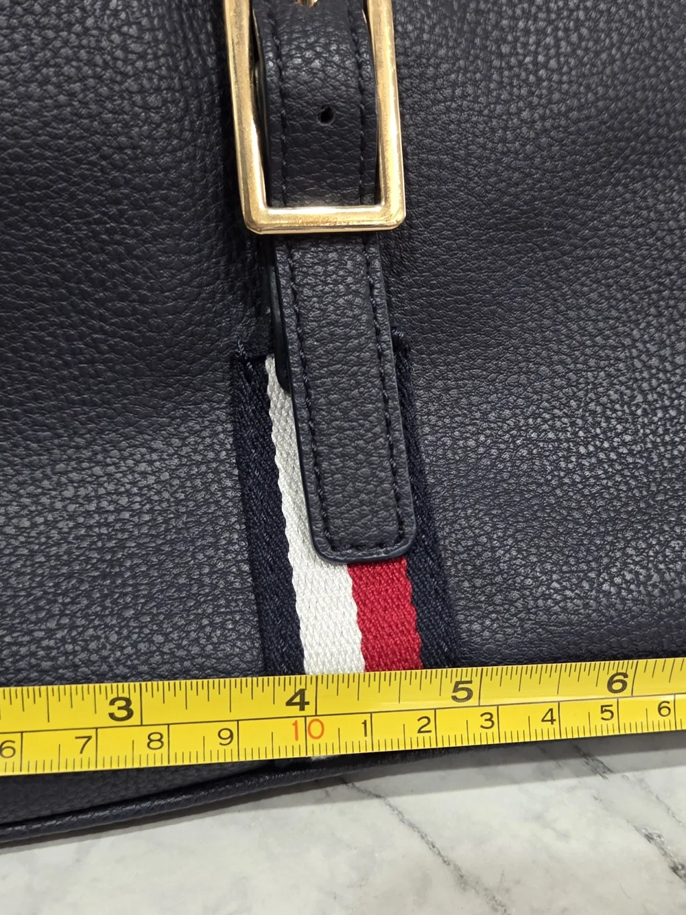 Tommy Hilfiger Navy Crossbody Bag with Red-White-Blue Stripe and Gold Hardware